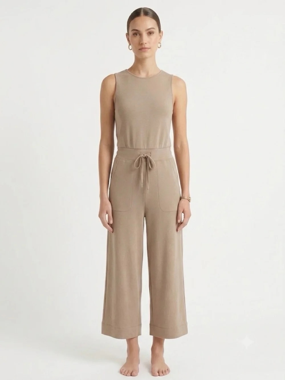 Spanx Air Essentials Wide Leg Jumpsuit Beige Size LP Lightweight Comfy